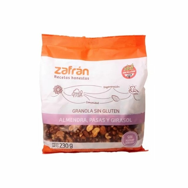 ZAFRAN GRANOLA ALM, PASAS Y GIRASOL S/AZUCAR 230 GRS